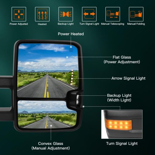 Espejos de remolque SCITOO Espejos exteriores para Chevy para GMC 2007-2014 para Silverado/para Sierra Par de espejos retrovisores con control de potencia, calefaccion, señal de giro, luz de marcha atras, plegado y extension manual - Imagen 2