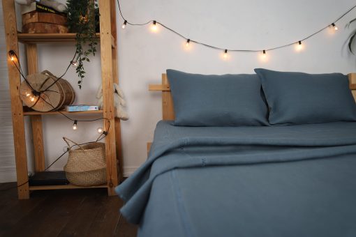 Juego de Sabanas y Fundas de Almohada de Lino WHOLEWOOLS - Sabana Bajera, Sabana y 2 Protectores de Almohada - Sabana de Cama de Lino Natural - 4 Piezas Transpirable, Ultra Suave (Twin, Azul Laguna) - Imagen 2