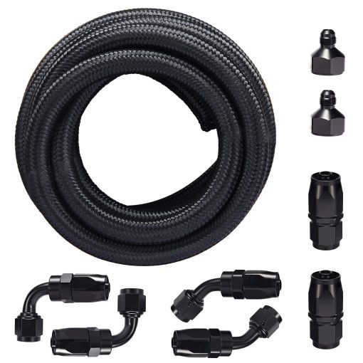 Kit de Manguera de Combustible SYKRSS 6AN 10FT, Manguera de Nylon Trenzado de Acero Inoxidable para Aceite/Gasolina/Combustible con 8 Piezas de Adaptadores Giratorios para Manguera de Combustible - Negro