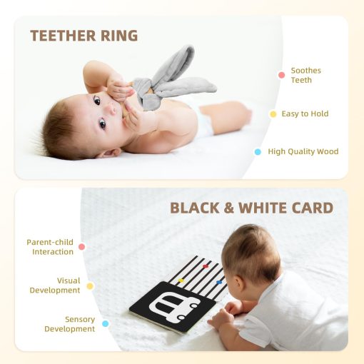 Set de Juguetes Montessori OOOK para Bebes de 0-3 Meses, Incluye Libro de Tela Suave, Cartas en Blanco y Negro, Hitos Mensuales del Bebe, Manta de Seguridad de Conejito y Pelota de Entrenamiento de la Vision - Imagen 6