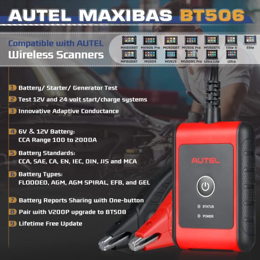 Autel MaxiBAS BT506 Tester de Bateria de Coche, 6V 12V 100-2000 CCA Analizador de Bateria de Coche, Herramienta de Escaneo de Sistema de Arranque y Carga Automatica, Conductancia Adaptativa, Prueba de Carga de Bateria de Alta Precision para Todos los Vehiculos - Imagen 2