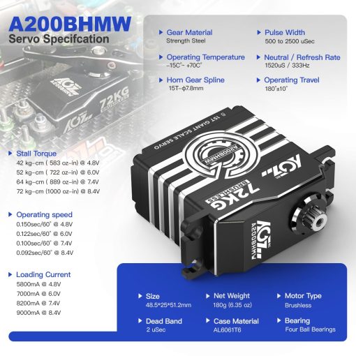 AGFRC 72KG Waterproof 1/6 RC-Servo-Motor de Alta Torque - 0.092Sec Alto Velocidad Brushless HV Engranaje Metalico Completo Direccion Digital Servo para Coche RC Escala 1/6 (A200BHMW) - Imagen 2