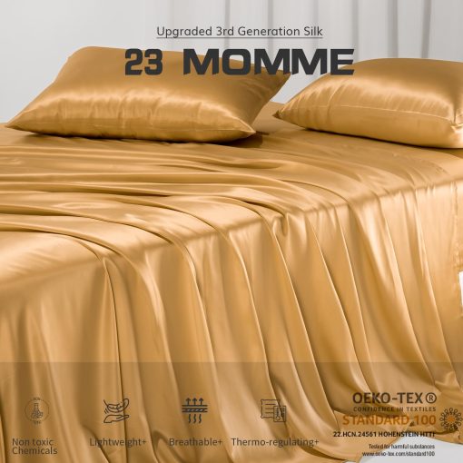 Juego de sabanas de seda 100% Promeed con 23 momme de seda de mora ajustable, sabana plana y funda de almohada, ideal para pieles sensibles (Oro, Twin / Twin XL) - Imagen 2