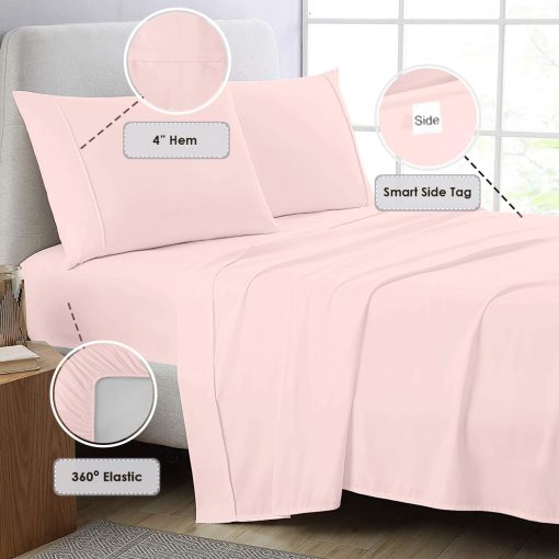 Juego de sabanas de algodon 100% Pizuna Pure King Size Rosa Claro, 800 hilos 100% algodon de fibra larga sabana para cama King con 15 "2 fundas de almohada extra (juego de sabanas de algodon peinado) - Imagen 3