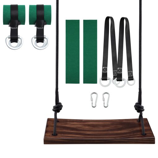 Columpio de Madera, Asiento de Columpio para arbol, PELLOR Asiento de Columpio Colgante Carbonizado para Adultos, Ninos y Ninas con Cuerda Ajustable mas Correas para arboles, 200kg de Carga para Interior, Exterior, Jardin