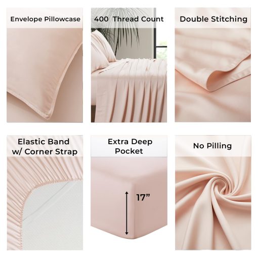 Juego de sabanas de lujo de bambu | Tamano Queen | 100% Viscosa de Bambu | Cultivado de forma organica | Ultra Suave | Sabanas Refrigerantes para los que duermen en calor | Bolsillo profundo de 17" [Vintage Pink (Blush)] - Imagen 5