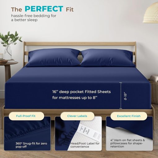 Juego de sabanas de algodon egipcio 100% tamano Queen - Sabanas de lujo de 800 hilos, 4 piezas para cama Queen, bolsillo profundo de 16", suaves juegos de ropa de cama de saten, azul marino - Imagen 4