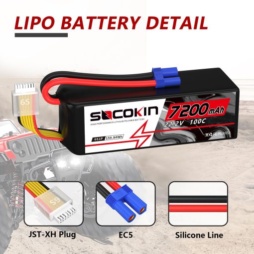 Bateria Lipo Socokin 6S 22.2V 100C 7200mAh con Conector EC5 Estuche Blando para Coche Camion Tanque Barco Carreras de Hobby (2 Packs) - Imagen 2