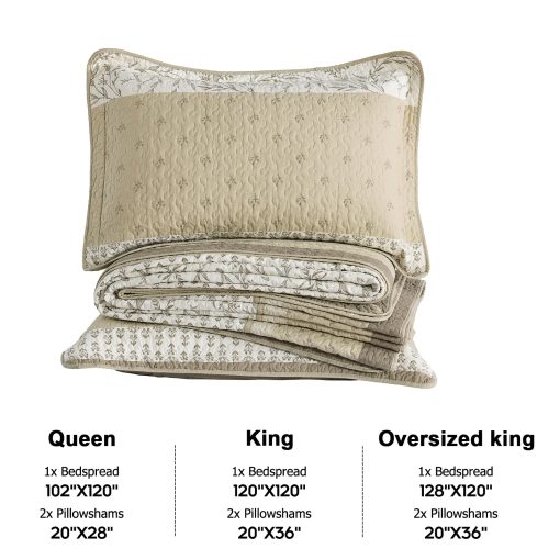 Colcha de cama extragrande California King de 100% algodon 128"x120", colcha de tamano King acolchada, cubrecama extra grande, edredon ligero de gran tamano, beige / gris / crema - Imagen 5