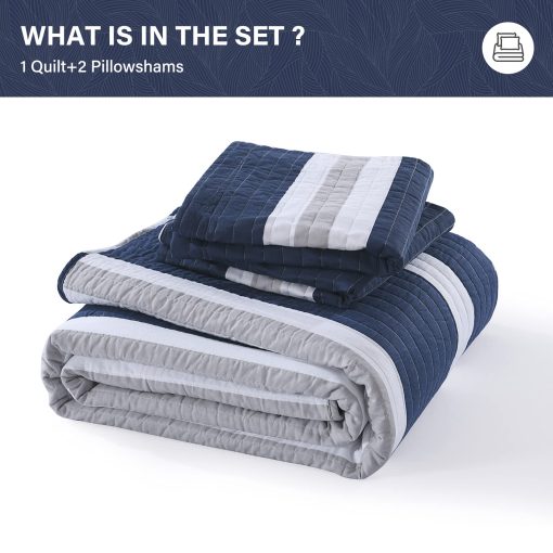 Set de Colcha King Size SahSahCasa, 100% Algodon, Colcha a Rayas Azul Marino, Juego de Cama King, Edredon Ligero para Cama King, Todas las Estaciones, Azul Marino, 3 Piezas - Imagen 6