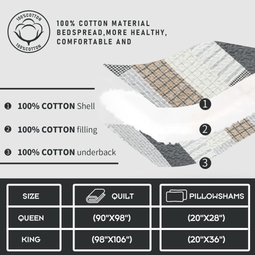 Colcha Finlonte tamano King 100% algodon Gris Negro Marron Colchas Acolchadas Juego de conforter a cuadros Ligero Reversible Suave Transpirable Juegos de Ropa de Cama para Todas las Estaciones, 3 Piezas - Imagen 6