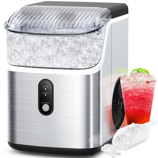 Maquina para hacer hielo en cubitos COWSAR, Maquina de hielo masticable suave, Maquina de hielo portatil en forma de guijarros, 34 libras/dia, Auto-limpieza, Maquina de hielo de un boton para el hogar y fiestas de cocina