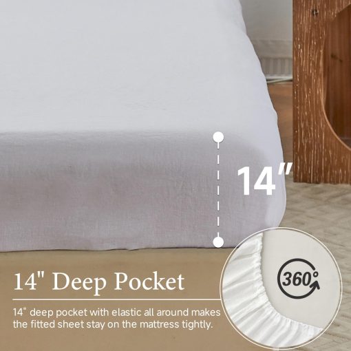 Juego de Sabanas Simple&Opulence 100% Lino con Ribete de Ovillos - 4 Piezas de Sabanas de Cama de Lino Europeo Puro Lavado (1 Sabana Plana, 1 Sabana Ajustable, 2 Fundas de Almohada) - Transpirable y Suave (Blanco Ovillos, King) - Imagen 3