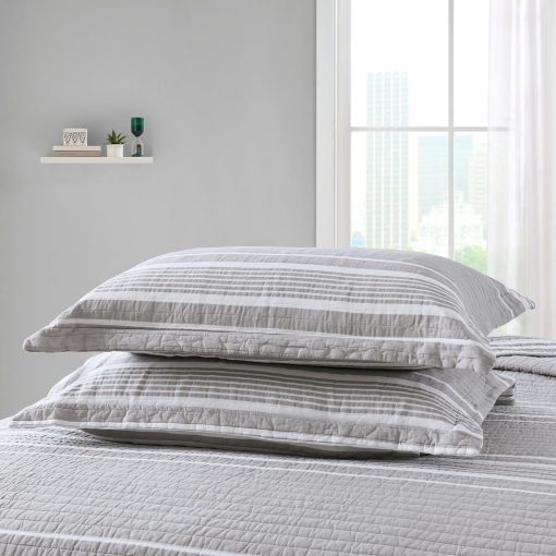 Quilta Juego de Edredon 100% Algodon Tamano Queen - Colcha Ligera Acolchada, Juego de Ropa de Cama a Rayas Gris 3 Piezas, Suave y Ligero Decoracion del Hogar para Todas las Estaciones, Gris/Blanco - Imagen 7