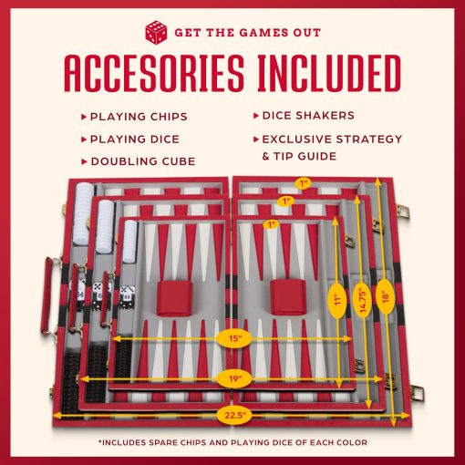 Juego de Backgammon de Get The Games Out - Estuche clasico de juego de mesa - Mejor guia de estrategia y consejos - Disponible en tamanos pequeno, mediano y grande (Rojo, Mediano) - Imagen 5