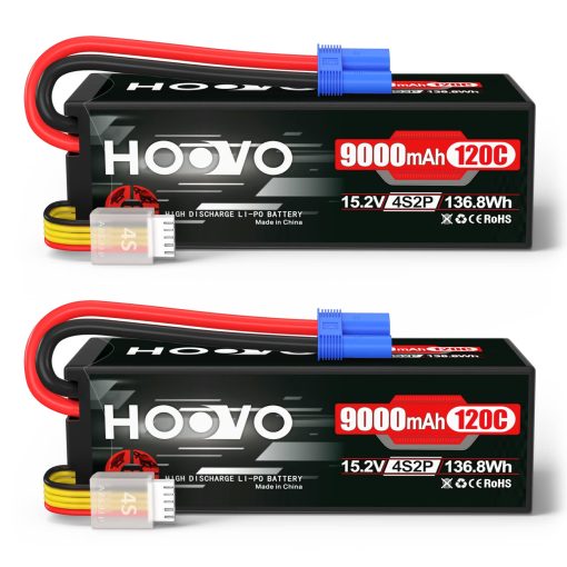 Bateria Lipo HOOVO 4S 15.2V 9000mAh 120C Bateria RC Alta Tension Estuche Duro Conector EC5 Compatible con Autos RC Barcos Camiones Buggies Drones Vehiculos RC Paquete de 2