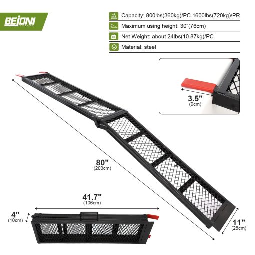 Rampa de Carga de Acero BEJONI 80", Capacidad de 800 lbs, Rampa Portatil para Motocicletas, Rampa Plegable para ATV para Pick up Truck, Negro, Paquete de 1 - Imagen 2