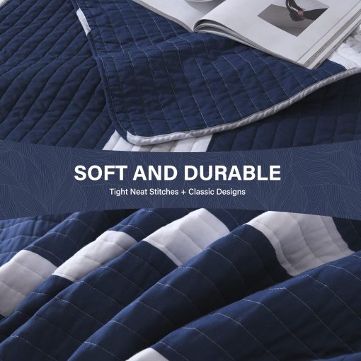 Set de Colcha King Size SahSahCasa, 100% Algodon, Colcha a Rayas Azul Marino, Juego de Cama King, Edredon Ligero para Cama King, Todas las Estaciones, Azul Marino, 3 Piezas - Imagen 5