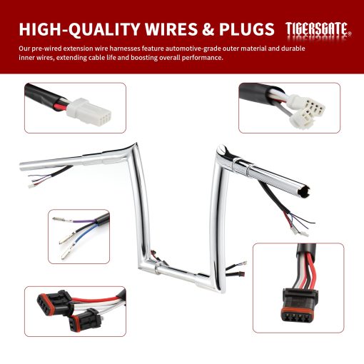 TIGERSGATE PRE-WIRED 12 pulgadas Meathook Monkey Bar Diablo Ape Hangers para Harley 14-22 Sportster XL 12-17 Dyna Softail (Cromo) - Imagen 7