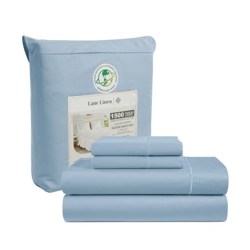 Juego de sabanas King Size LANE LINEN 100% algodon egipcio - 1500 hilos, 4 piezas - Juego de sabanas de algodon de lujo con tejido de saten King Size - Bolsillo extra profundo de 15" - Azul Frances