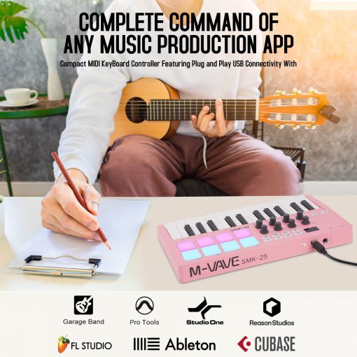 Controlador de Teclado MIDI USB de 25 Teclas M-WAVE con 8 Pads de Tambor Retroiluminados, Bluetooth, Teclado Profesional semipesado de 8 perillas y Produccion Musical, Software Incluido (Rosa) - Imagen 2