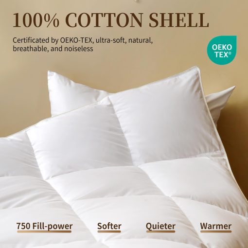 Edredon de plumas de ganso de lujo 100% algodon 750FP tamano queen 50 oz, inserto mullido de edredon para todas las estaciones, calidez media ultra suave coleccion de edredones de hotel (Blanco, 90x90 pulgadas) - Imagen 3