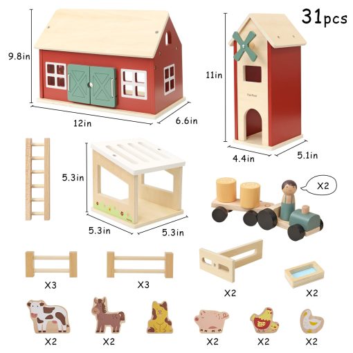 Juego de Juguetes de Granja de Madera PairPear, Granja de Juguete Roja para Niños con Figuras de Animales de Granja y Tractor, Juguetes de Aprendizaje Educativos para Niñas y Niños de 3+ - Imagen 5