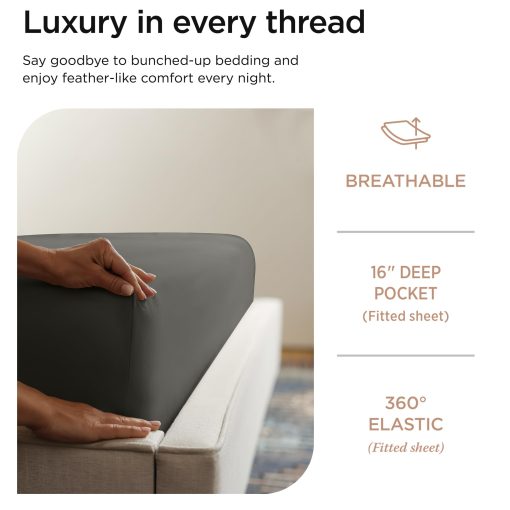 Juego de sabanas Threadmill Luxury de 800 hilos, tamano completo, 100% algodon - Sabana cama de saten gris oscuro, mejor que el algodon egipcio, juego de ropa de cama solida de 4 piezas, se ajusta a bolsillo profundo de 16" - Imagen 5