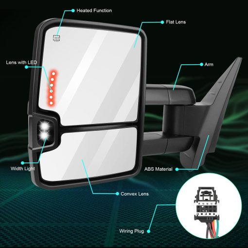 Espejos de Remolque SCITOO para Chevy y GMC con Luces de Charco Negras Espejos retrovisores traseros para Silverado / Sierra 2007-2013 (07 Senal de Giro Control de Potencia Calefaccionados) - Imagen 4