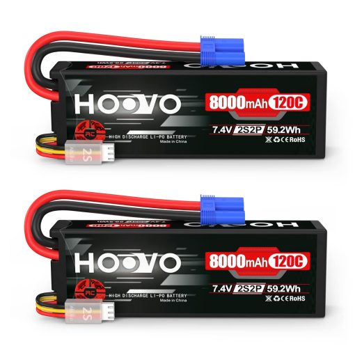 Bateria de Lipo 2S HOOVO 7.4V 8000mAh 120C Bateria de Coche RC Estuche Duro Conector EC5 Compatible para Vehiculos RC a Escala 1/8 1/10, Coches, Camiones, Buggies, Drones, Barcos, Modelos RC 2 Pack