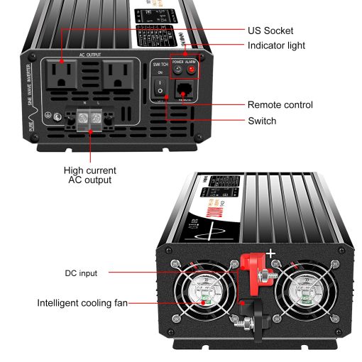Inversor de Onda Sinusoidal Pura Xijia 2000W 48 Voltios DC a 120 Voltios AC (Potencia Pico 4000W) Convertidor de rv 60HZ con Arranque Suave para Coche y Camping (DC48V (Rango 40V-60V) 2000W) - Imagen 3