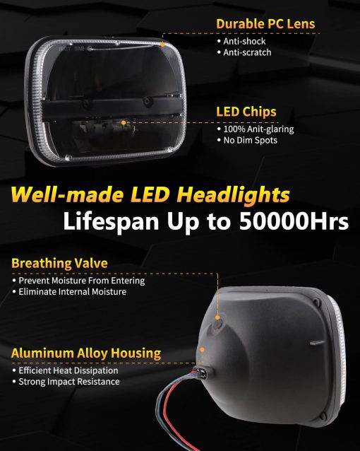 Par de Faros LED Rectangulares 5x7/6x7 Pulgadas de Alto y Bajo Haz Compatible con Jeep Wrangler YJ Cherokee XJ Kenworth T300 1997-2010 Reemplazo H6054 H5054 H6054LL 69822 6052 6053 - Imagen 8