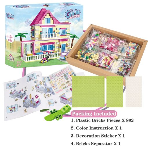 Juego de construccion de la casa de amigas BRICK STORY, 892 PCS Gran casa de villa de bloques de construccion, juego de juguete de modelo de la casa familiar de la ciudad con 4 mini personas y coche para niñas niños de 6 años en adelante - Imagen 2