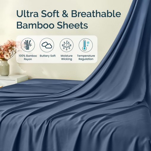 Juego de sabanas tamano Queen GOKOTTA de 4 piezas, 100% Rayon Derivado de Bambu, Ideal para personas que duermen en caliente - Sabanas suaves y transpirables de lujo, Sabana ajustable con bolsillo profundo de 16" con correas elasticas en las esquinas, Azul Marino - Imagen 2