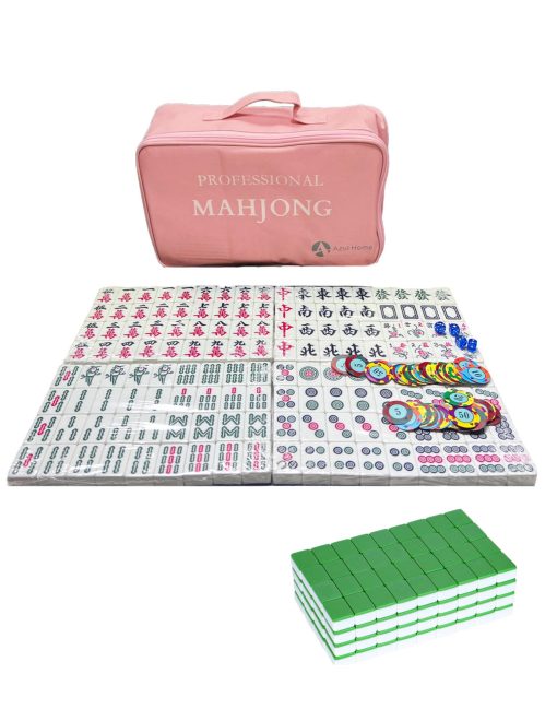 Juego de Mahjong Chino AzulHome, 144 Azulejos Numerados de 40 mm (1.6") Grandes de Melamina con 4 Dados, 80 Fichas de Poker y una Bolsa de Almacenamiento, Juego Completo de Azulejos de Mahjong Grande Tradicional, Majiang, Verde, Grande