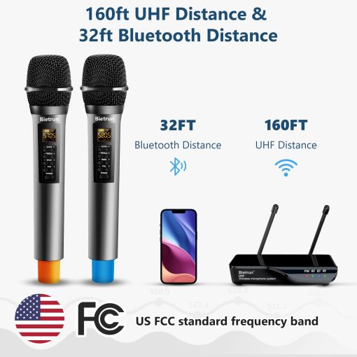 Microfono inalambrico Bietrun con Eco/Agudos/Graves, Rango UHF de 160 pies, Sistema de microfono de mano dinamico inalambrico UHF dual para Karaoke en casa, Reunion, Fiesta, Boda (Receptor con Bluetooth) - Imagen 2