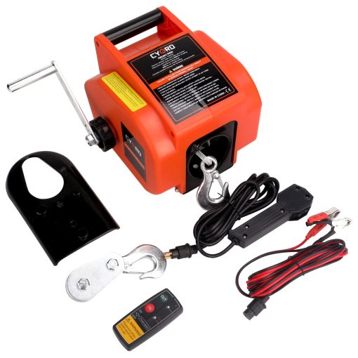Cygrd Cabrestante Electrico para Embarcacion, Cabrestante Electrico Reversible para Remolque 12V DC, Funciones de Entrada de Potencia, Salida de Potencia y Rueda Libre para Embarcaciones de 2000 lbs con Control Remoto Inalambrico y Manivela Manual
