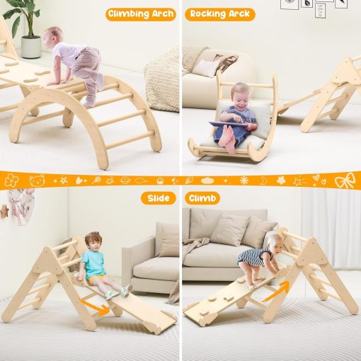 Juguetes de Escalada para Ninos Pequenos Zupemo, Set de Triangulo Pikler Montessori para Ninos Pequenos en Interiores, Set de Escalada Plegable con Arco, Rampa, Triangulo, Tobogan, Balancin, Gimnasio de Triangulo de Madera Pikler en Interiores - Imagen 2