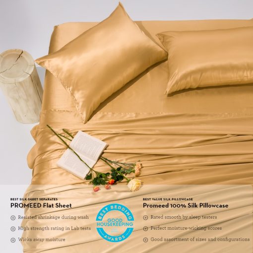 Juego de sabanas de seda 100% Promeed con 23 momme de seda de mora ajustable, sabana plana y funda de almohada, ideal para pieles sensibles (Oro, Twin / Twin XL) - Imagen 4