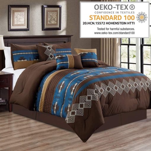 Juego de 7 Piezas de Edredon Tamaño King con Diseño Nativo Americano del Suroeste Occidental en Azul Marino Cafe Marron Cama en Bolsa Ropa de Cama - Makala (Azul Marino, King) - Imagen 2