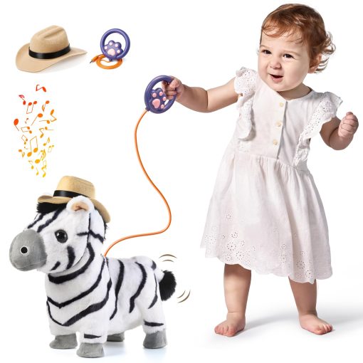 TUMAMA Juguete de Zebra Caminante y Hablador con Correa de Control Remoto, Peluche Electronico Interactivo para Ninos, Camina, Ladra, Canta, Juguete de Zebra Electronico con Control Remoto para Ninos de 3 a 6 anos