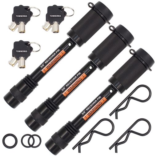 Conjunto de bloqueo de enganche de remolque con llave iguales TowWorks 79633 de 5/8" con separacion extra larga de 3-1/4", Doble seguridad Pestillo de bloqueo de enganche de remolque para enganches de Clase III IV con receptores de 2" y 2.5", Paquete de 3