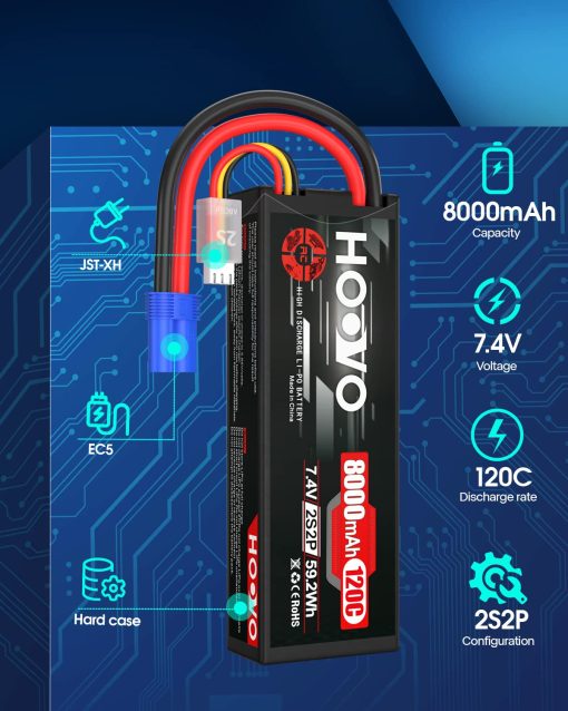 Bateria de Lipo 2S HOOVO 7.4V 8000mAh 120C Bateria de Coche RC Estuche Duro Conector EC5 Compatible para Vehiculos RC a Escala 1/8 1/10, Coches, Camiones, Buggies, Drones, Barcos, Modelos RC 2 Pack - Imagen 2