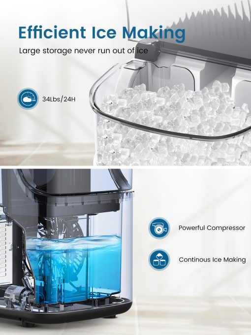 Maquina para hacer hielo en cubitos COWSAR, Maquina de hielo masticable suave, Maquina de hielo portatil en forma de guijarros, 34 libras/dia, Auto-limpieza, Maquina de hielo de un boton para el hogar y fiestas de cocina - Imagen 2
