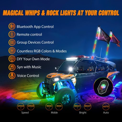 Nilight 2PCS 4FT RGB Luces de latigo LED y 4 PCS RGB Luces de roca Combo, Control Remoto y de la Aplicacion con Patrones de Seguridad de Luz de Parada de Giro de Persecucion DIY Luces Iluminadas de Antena para ATV UTV, Garantia de 2 Anos - Imagen 2