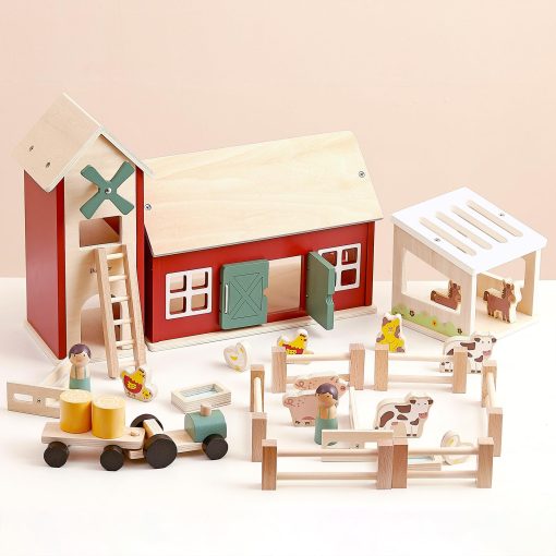 Juego de Juguetes de Granja de Madera PairPear, Granja de Juguete Roja para Niños con Figuras de Animales de Granja y Tractor, Juguetes de Aprendizaje Educativos para Niñas y Niños de 3+