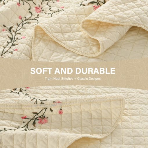 Colcha de cama SahSahCasa 100% algodon 120"x102", Colcha de cama Queen extragrande con bordado, edredon reversible Queen Flores XL, Colcha acolchada ligera Comforter, 3 piezas - Imagen 5