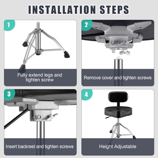 Banqueta de Bateria con Respaldo, Silla de Bateria Portatil Desmontable Estilo Motocicleta Taburete Hidraulico para Adultos con Respaldo Ajustable y Espuma Viscoelastica (Negro Aterciopelado) - Imagen 7