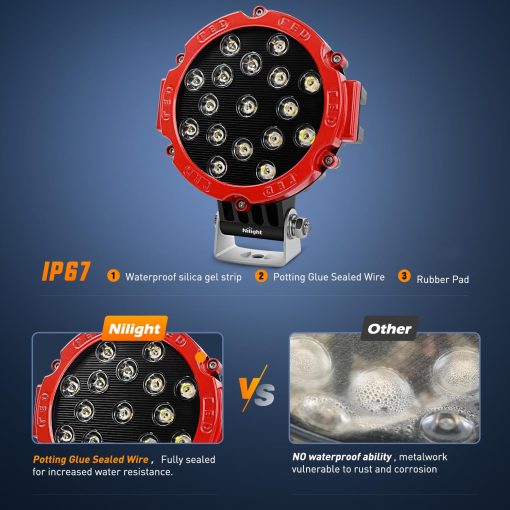 Barra de luz LED Nilight 2PCS 7" 51w 5100LM Rojo Ronda Spot Luz LED Pod Off Road Niebla Conduccion Toldo Bar Parachoques para Jeep Truck ATV UTV SUV, 5 Anos de Garantia - Imagen 4