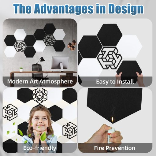 12 Pack Paneles Acusticos Autoadhesivos, Paneles de Sonido en Forma de Hexagono de 14 X 12 X 0.4 Pulgadas, Paneles Decorativos Absorbentes de Sonido, Paneles de Alta Densidad Ignifugos para Estudio Oficina,Hogar - Imagen 5